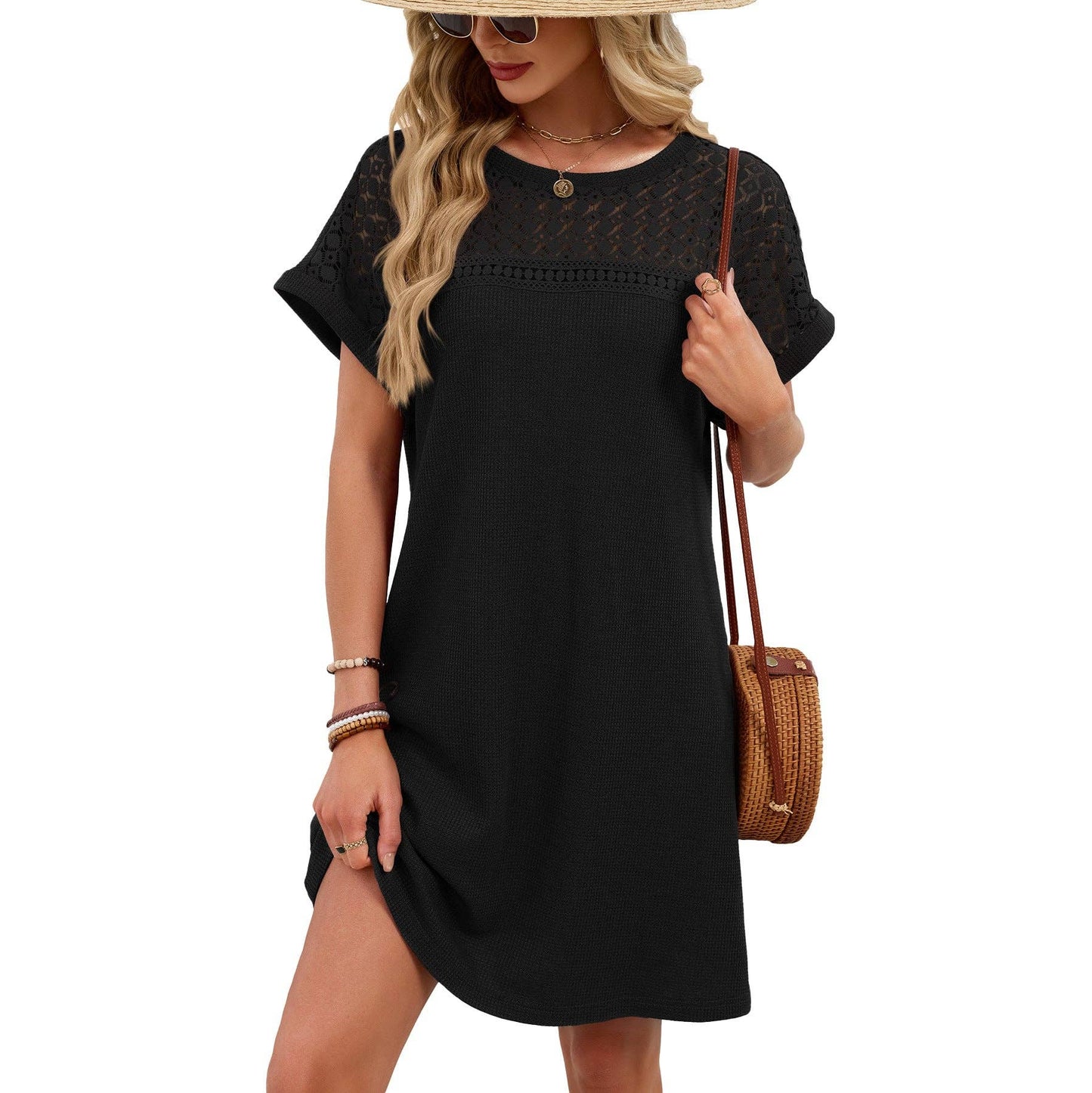 Lace Patchwork Casual Short Sleeve Loose Summer Dress: Black / 65%Rayon 30%Polyester 5%Spandex / M