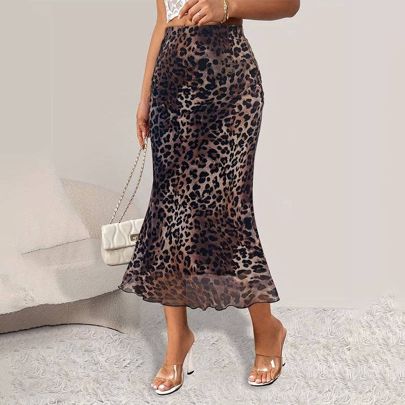 Leopard Print Fish Tail Skirt With Elastic Mesh Insets