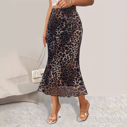 Leopard Print Fish Tail Skirt With Elastic Mesh Insets