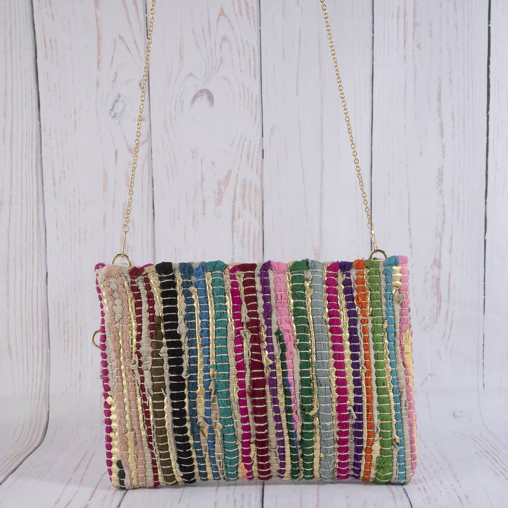 Woven Metallic Stripe Wristlet Clutch Bag