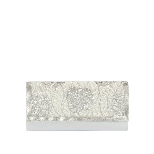 Beaded Rose Motif Rhinestone Trim Satin Clutch