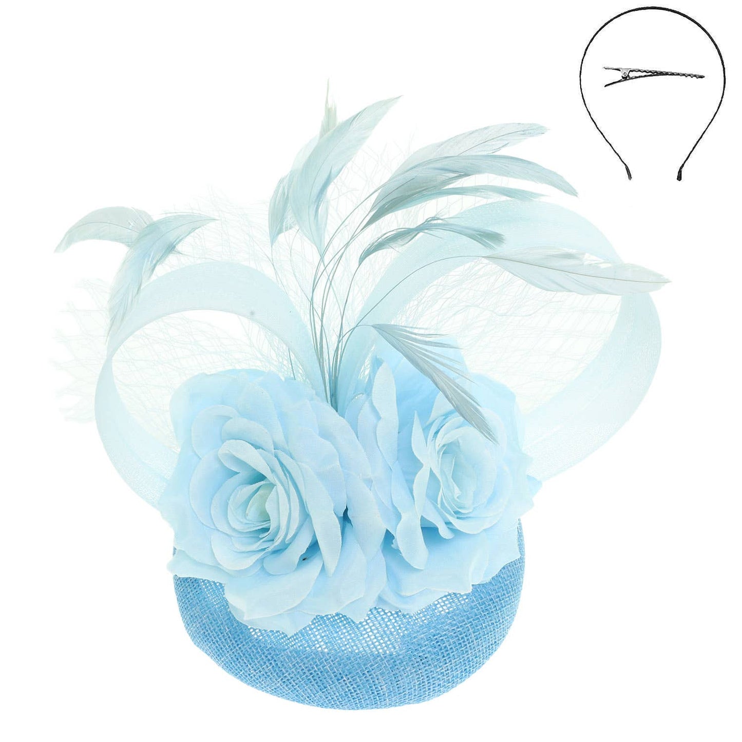 Floral Feathered Disc Fascinator with Hair Clip and Headband