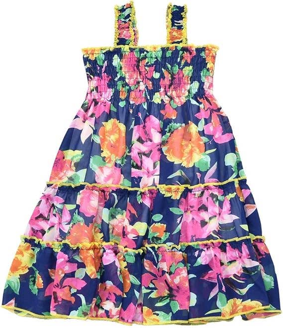 Girls Floral Print Chiffon Shoulder Strap Ruffled Midi-Dress: 3783-15-38 / 6