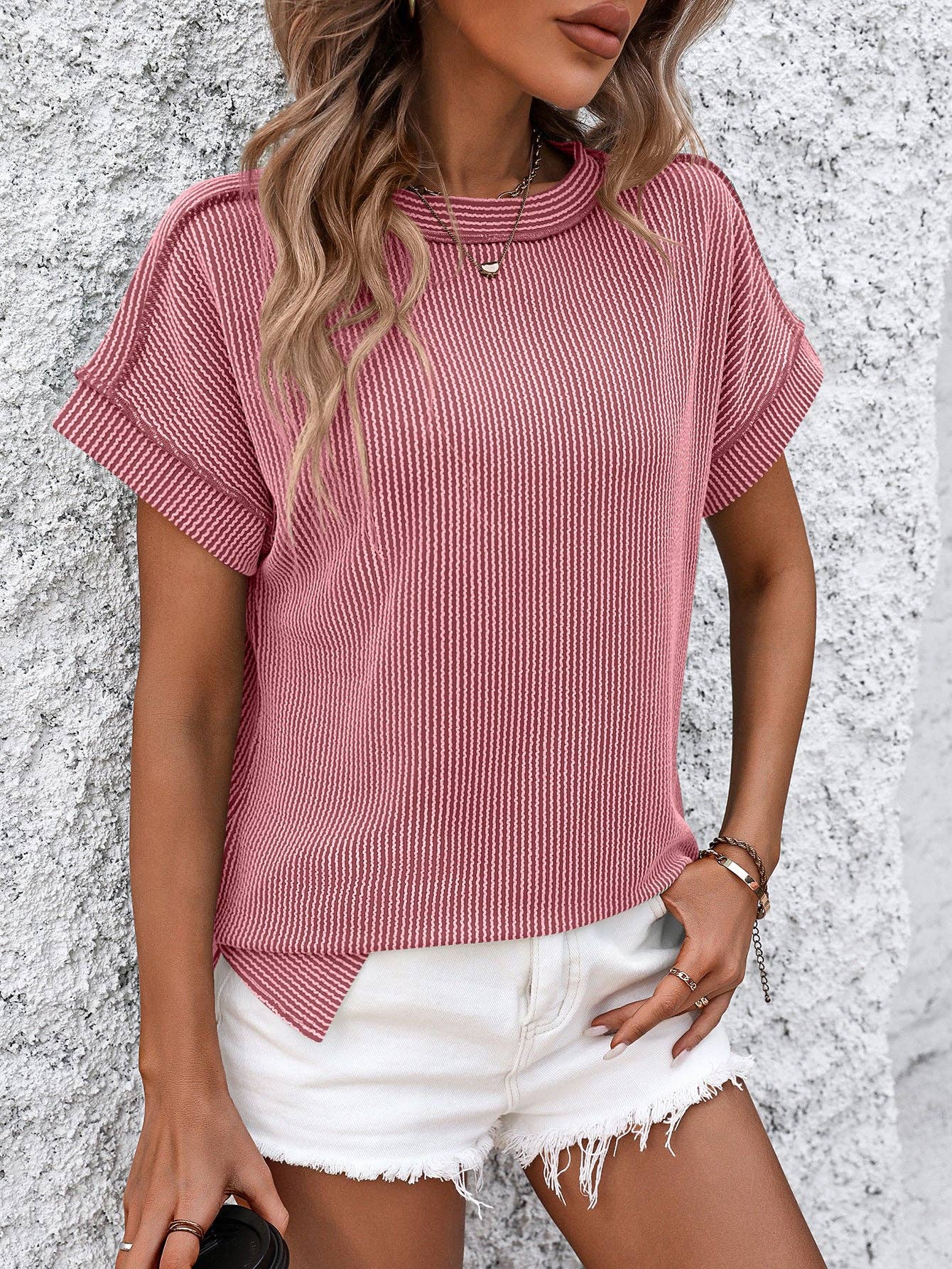 Backstitch Strip Short Sleeve Knit Casual T Shirts: Khaki / 65%Rayon/35%Polyester