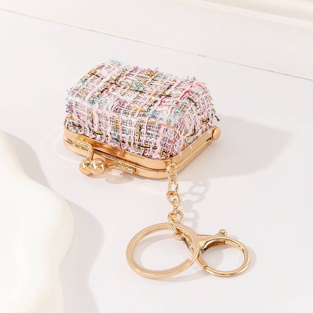 Tweed Kiss Lock Mini Coin Purse Keychain Bag Charm Accessory