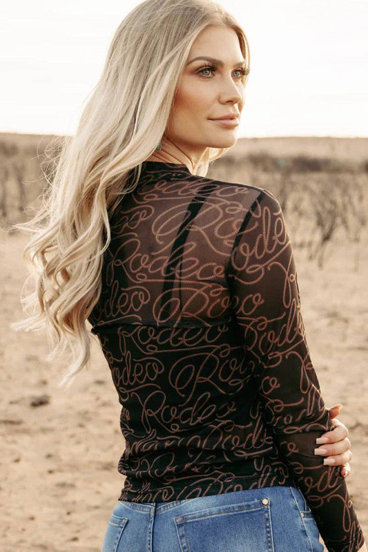 Black Western Rodeo Printed Mock Neck Long Sleeve Mesh Top: Black / 95%Polyester+5%Elastane / L