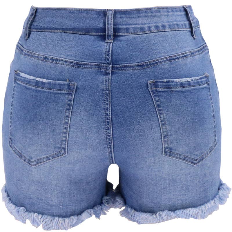 High-Waisted Ripped Stretch Denim Shorts for Summer: Dark Blue / 73%Cotton/14%Rayon/11% Polyester/2%spandex / XXL