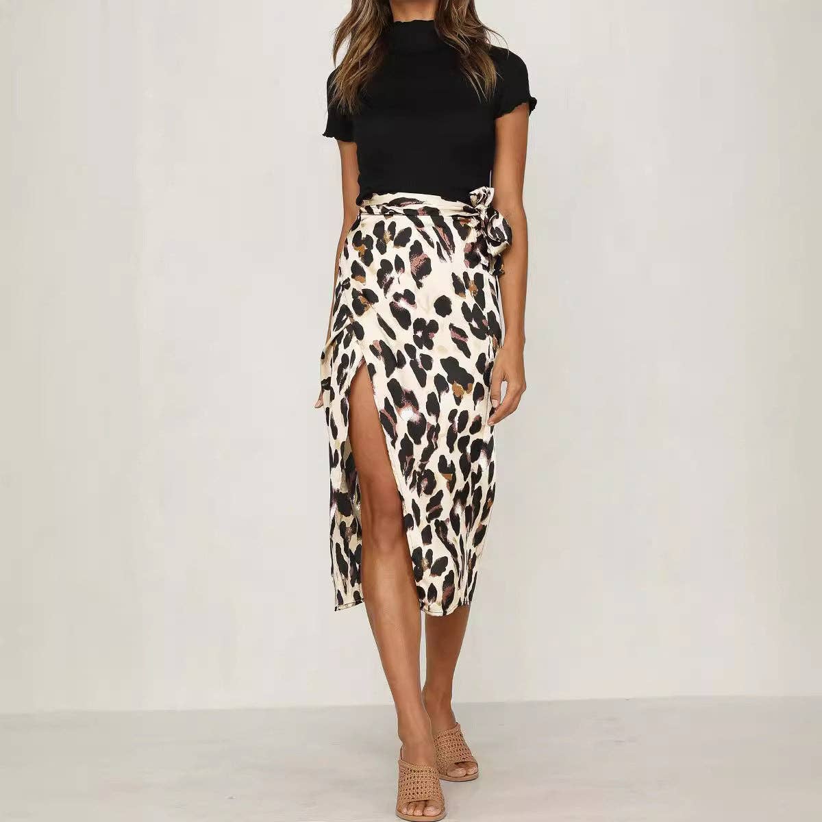 Women Elegant Leopard Print Splice Mid Skirt