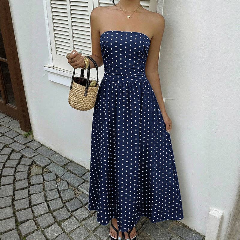 Women’s Strapless Polka Dot High Waist Maxi Dress