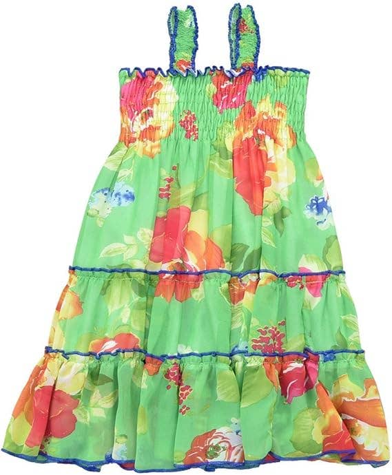 Girls Floral Print Chiffon Shoulder Strap Ruffled Midi-Dress: 3783-15-38 / 6