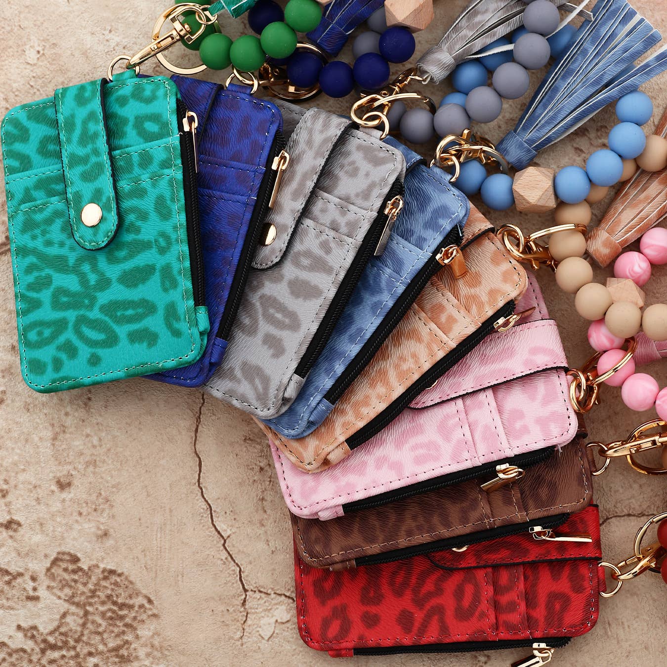 Leopard Print Card Holder with Beaded Wristlet Keychain