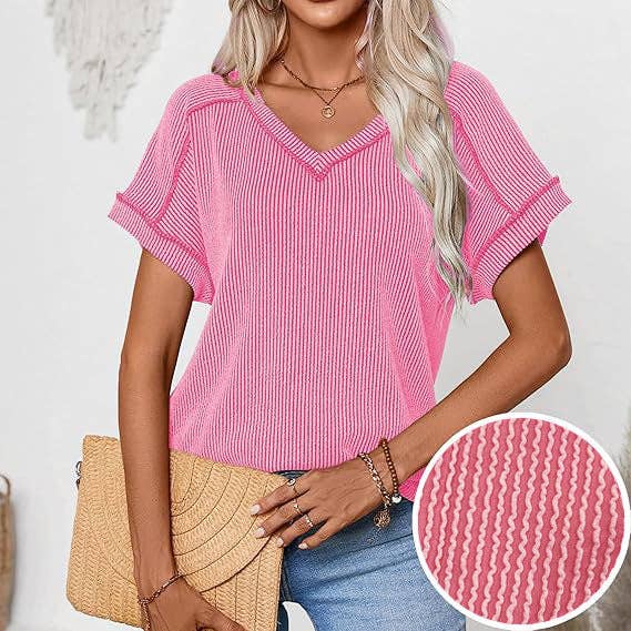 Two Tone Ribbed V Neck Short Sleeve Loose Knit Top