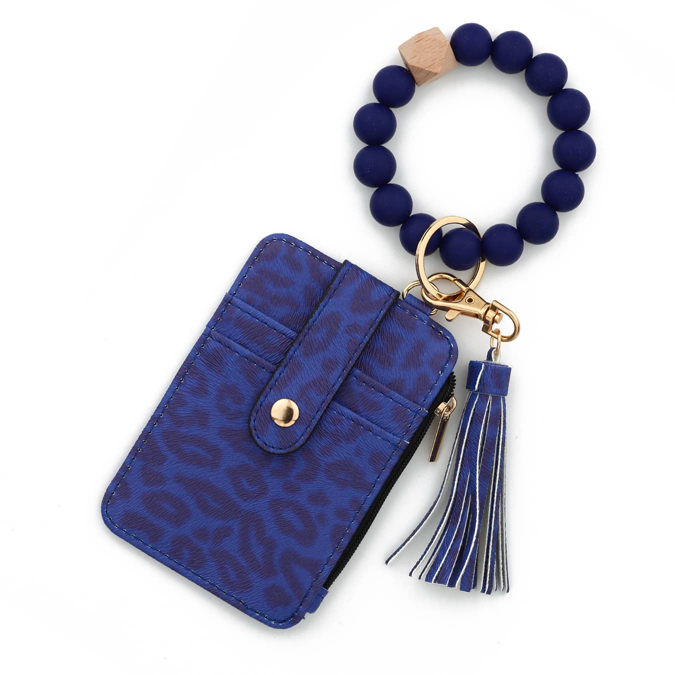 Leopard Print Card Holder with Beaded Wristlet Keychain