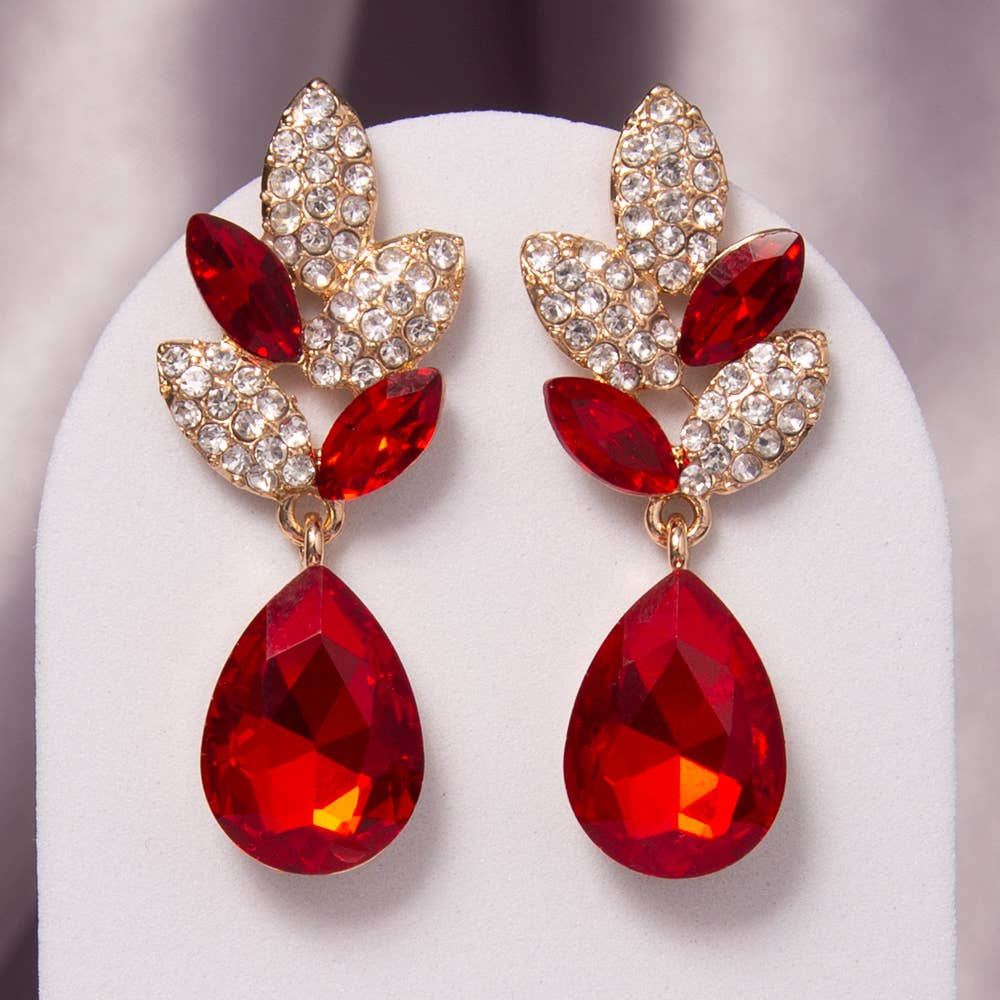 2-Tier Crystal Rhinestone Leaf Accent Dangle Earrings