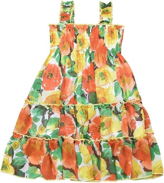 Girls Floral Print Chiffon Shoulder Strap Ruffled Midi-Dress: 3783-15-38 / 6