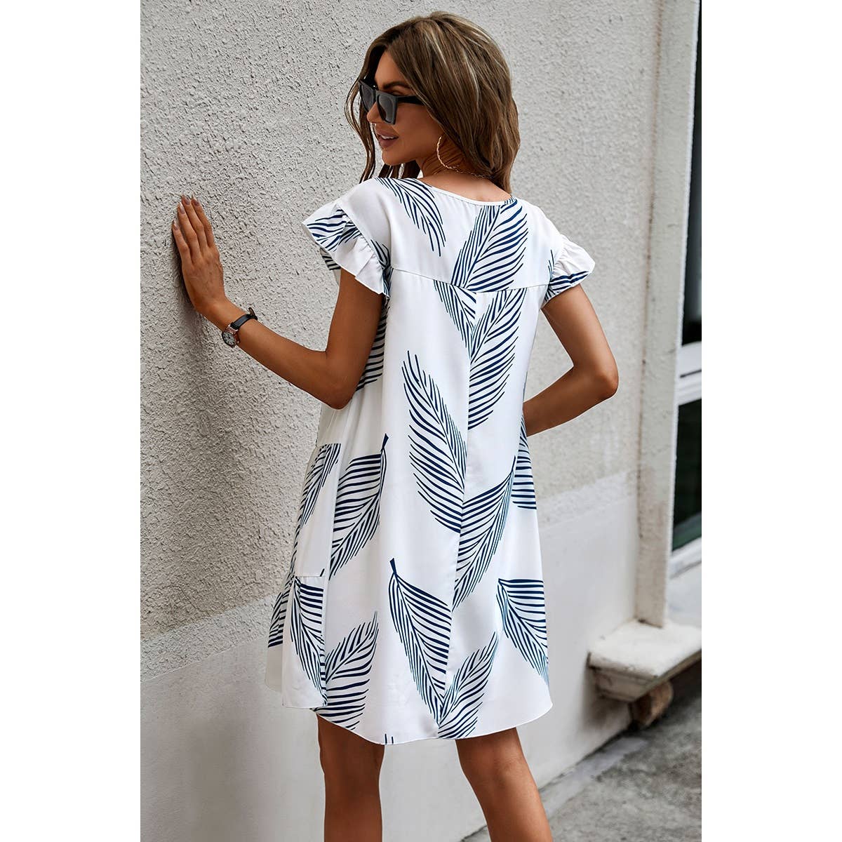 Leaf Print Loose Fit Color Block Sleeves Ruffle Dress