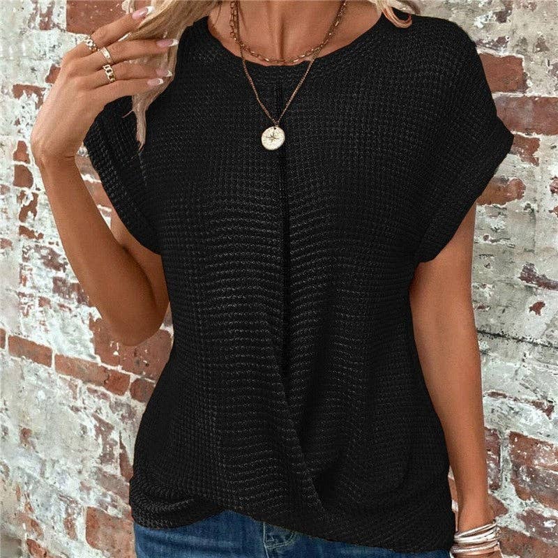 Solid Color Round Neck Twist Short Sleeve T-Shirt: BLACK / L