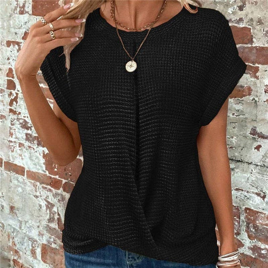 Solid Color Round Neck Twist Short Sleeve T-Shirt: BLACK / L