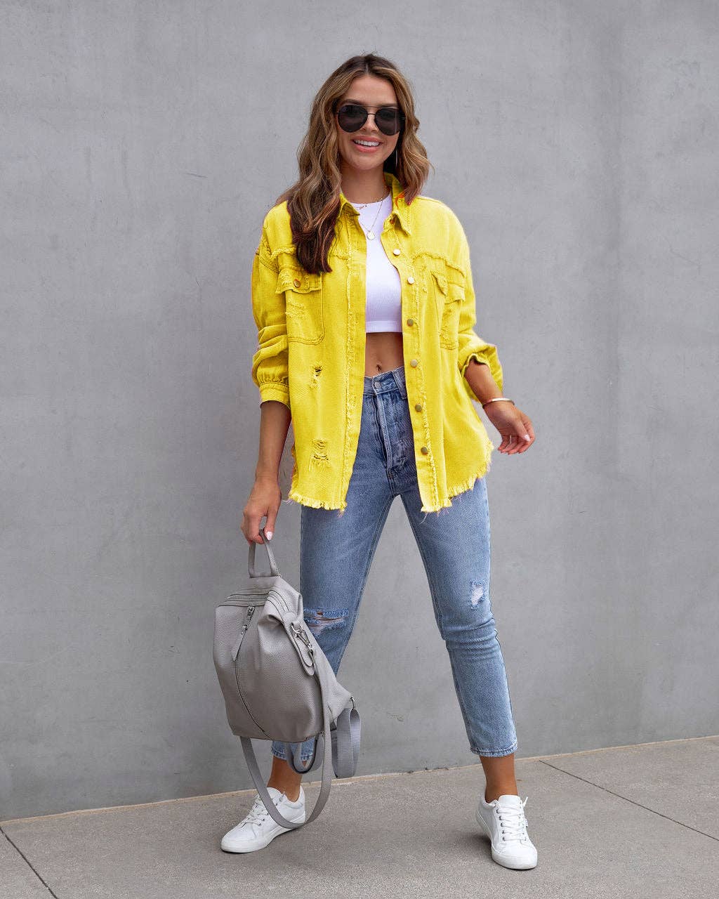 Trendy Casual Mid-Length Distressed Denim Jacket for Women