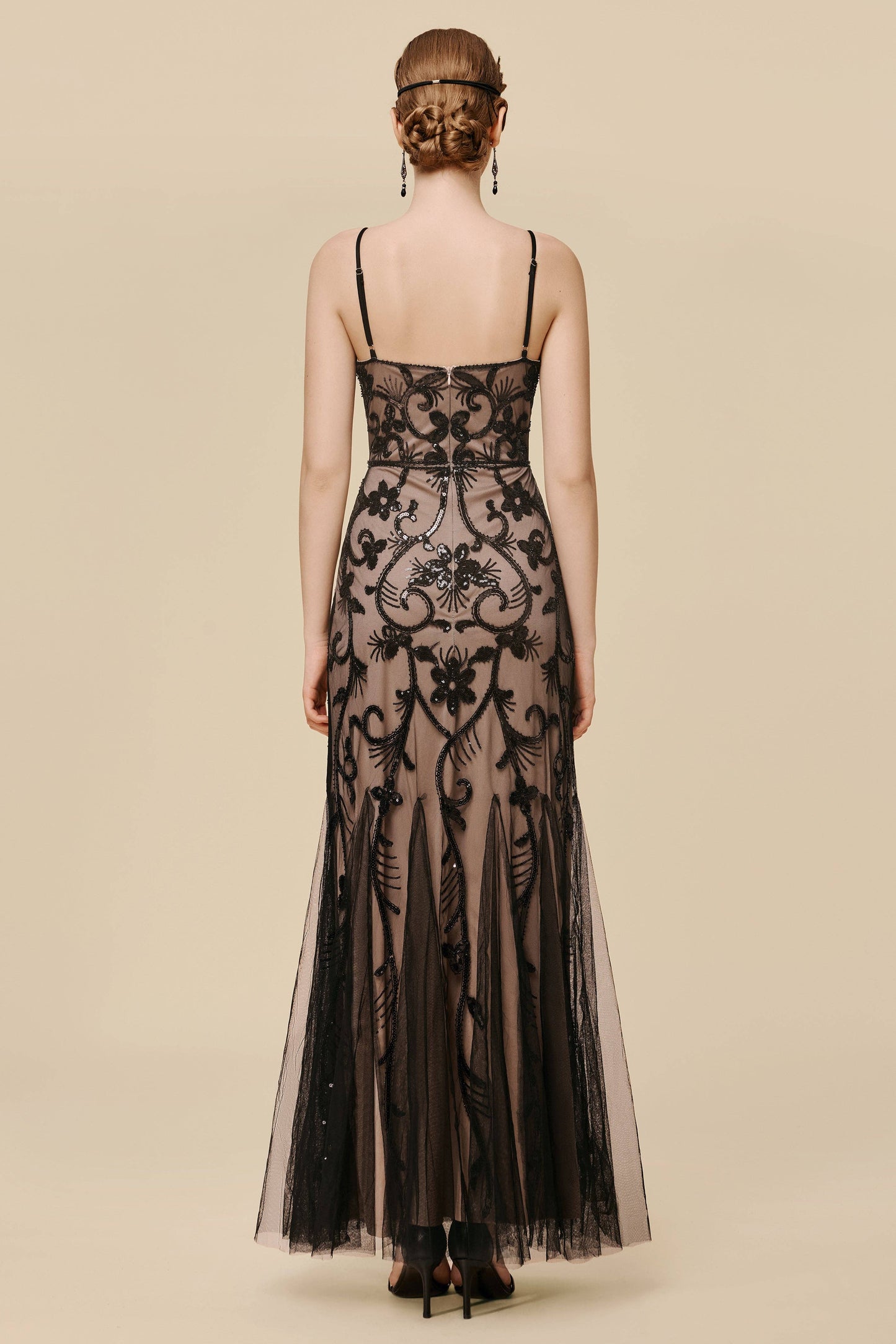 Nude and Black Beaded Mermaid Evening Gown