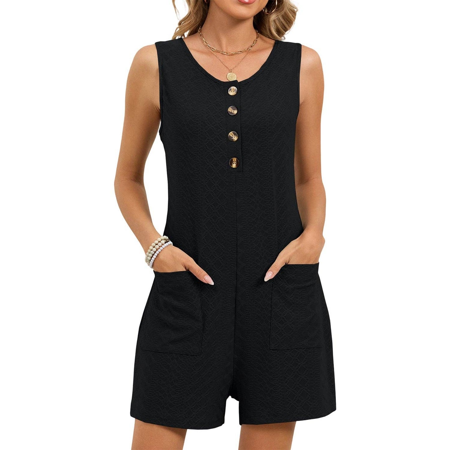 Solid Button Front Sleeveless Romper with Pockets: Burgundy / 65%Rayon30%Polyester5%Spandex / M