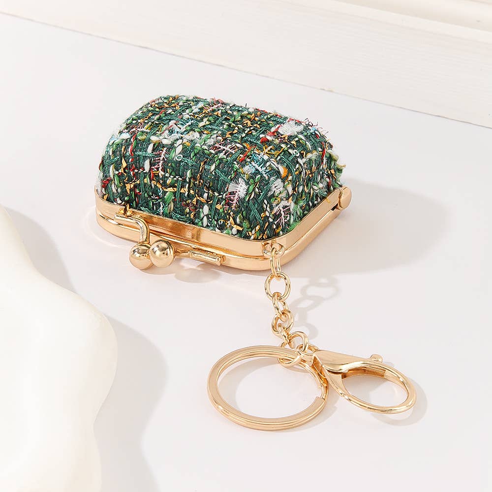 Tweed Kiss Lock Mini Coin Purse Keychain Bag Charm Accessory