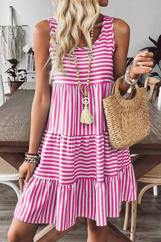 Sky Blue Stripe U Neck Sleeveless Loose Fit Mini Dress: Rose Stripe / 95%Cotton+5%Elastane