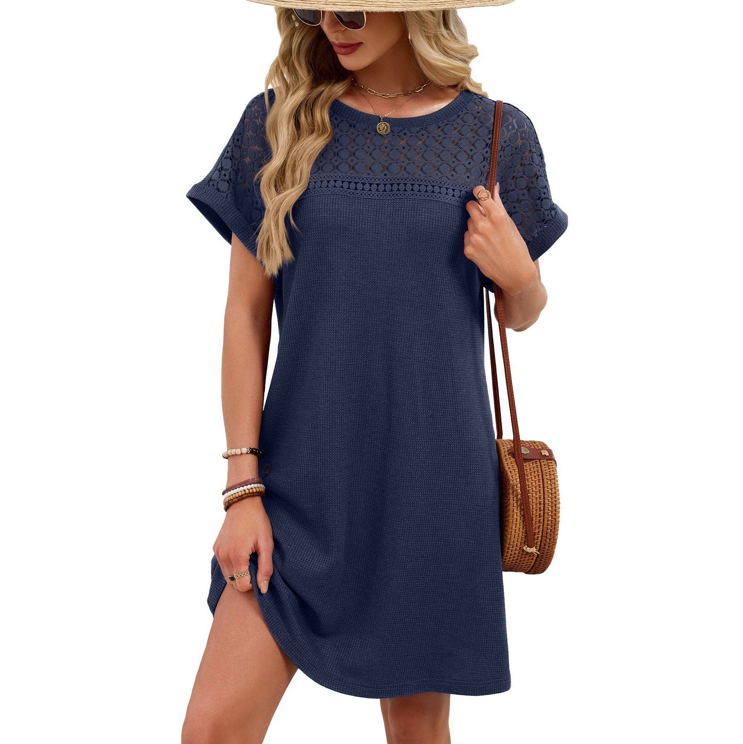 Lace Patchwork Casual Short Sleeve Loose Summer Dress: Blue Gray / 65%Rayon 30%Polyester 5%Spandex
