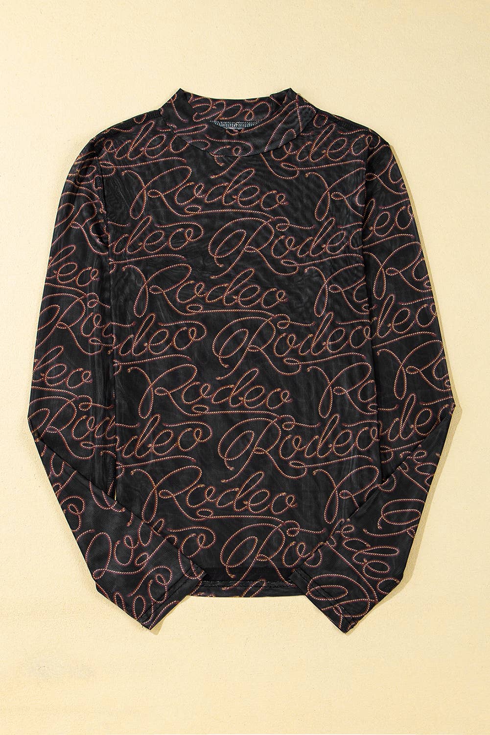 Black Western Rodeo Printed Mock Neck Long Sleeve Mesh Top: Black / 95%Polyester+5%Elastane / XL
