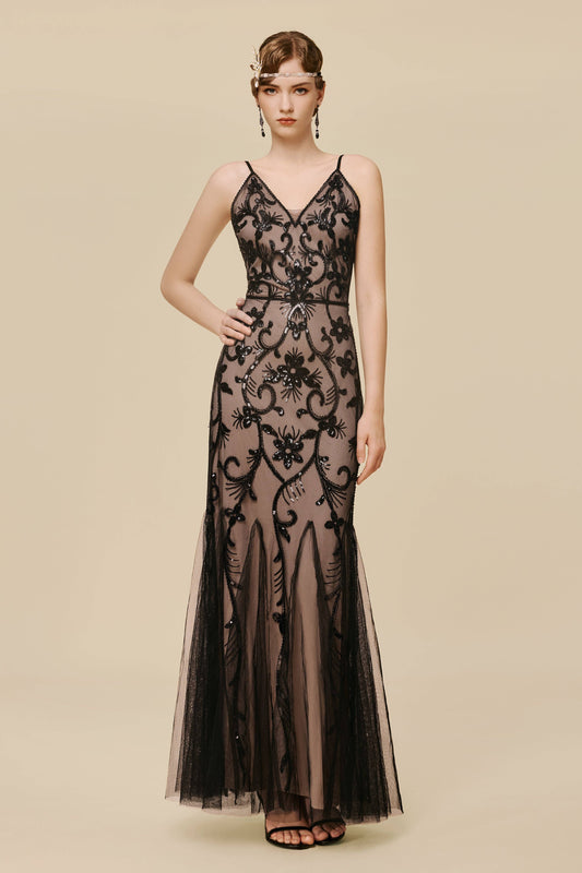 Nude and Black Beaded Mermaid Evening Gown