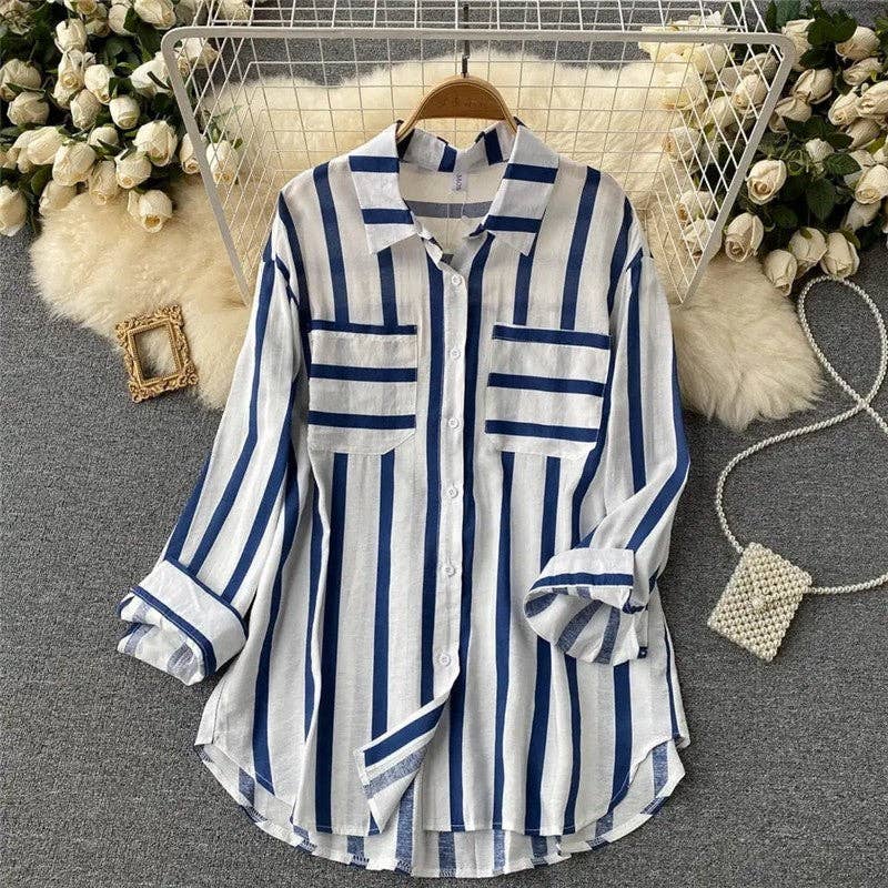 Casual Loose Blouse with Striped Lapel and Contrast Color Detail