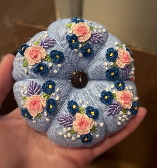 Blue Pumpkin Pincushion With Roses Embroidery 🪡