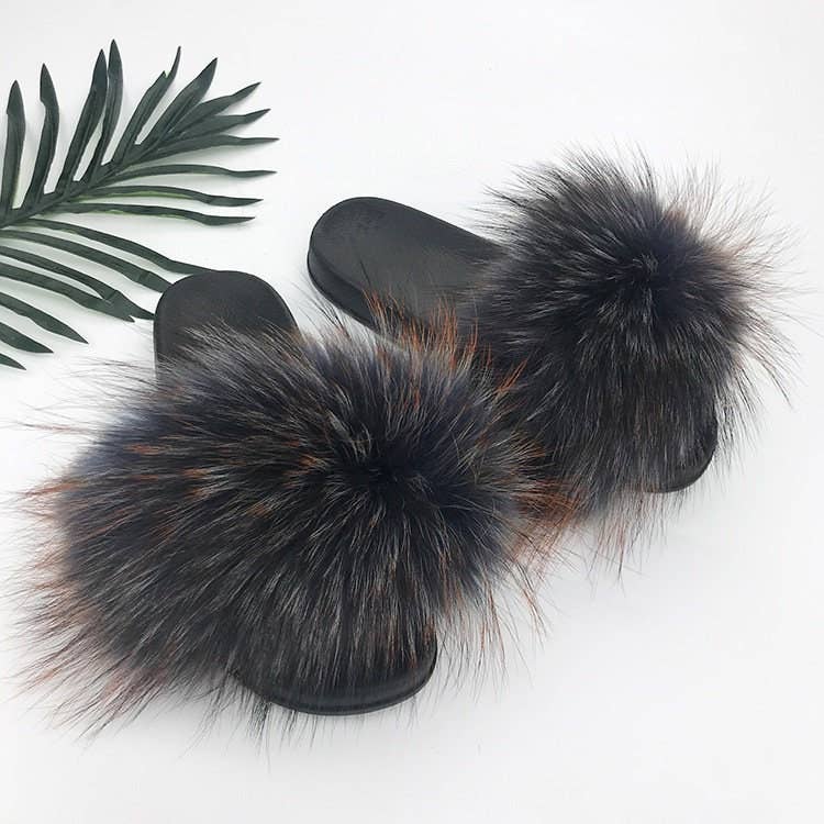 Women Long Raccoon Fur Slides With Color Hair Tip Real Fur