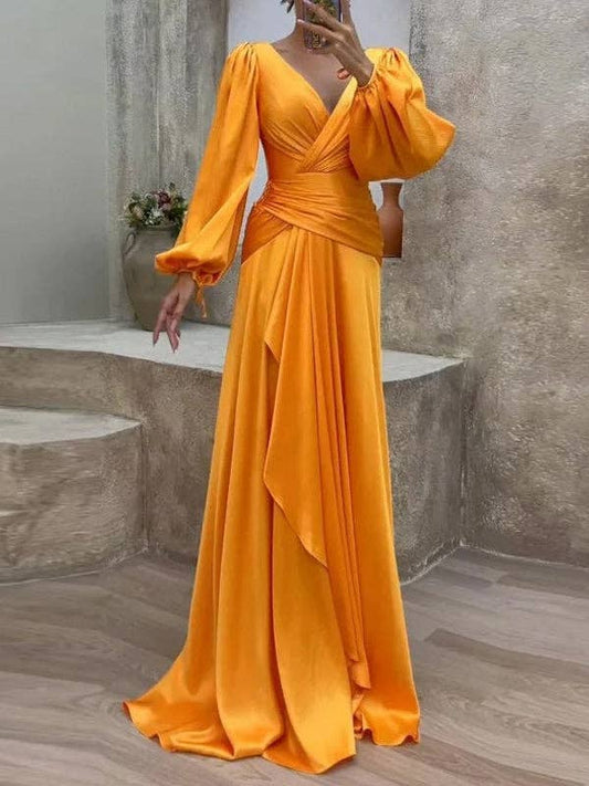 Look-Thin Pleated Solid Color V-Cut Long Sleeves Maxi Dresses