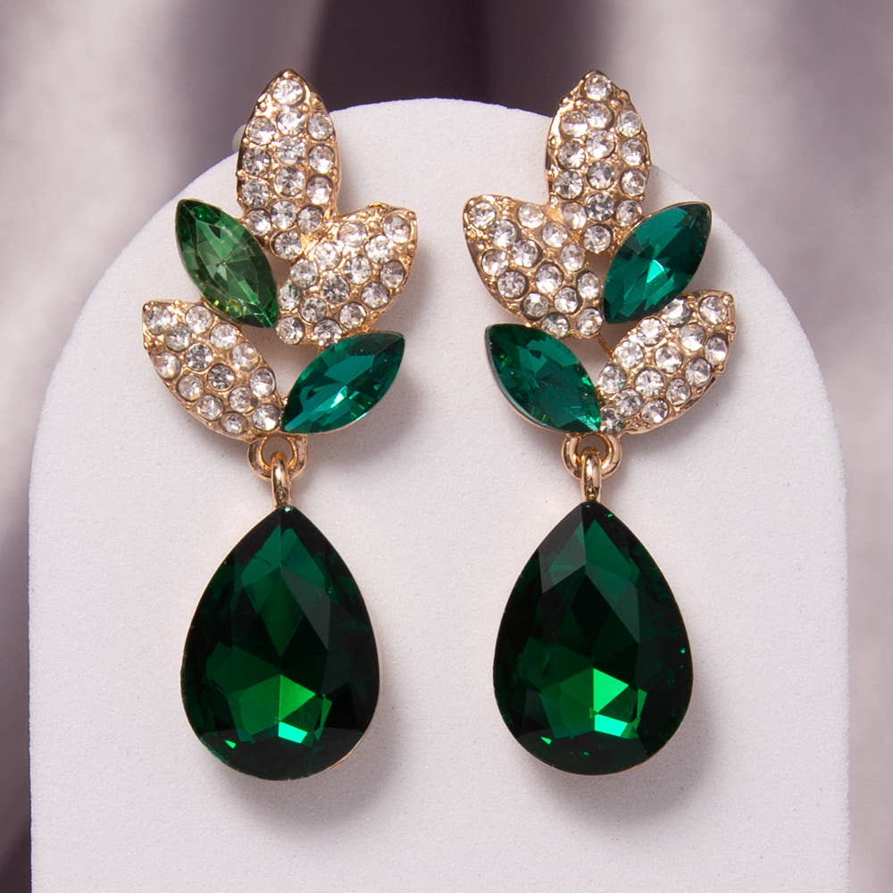 2-Tier Crystal Rhinestone Leaf Accent Dangle Earrings