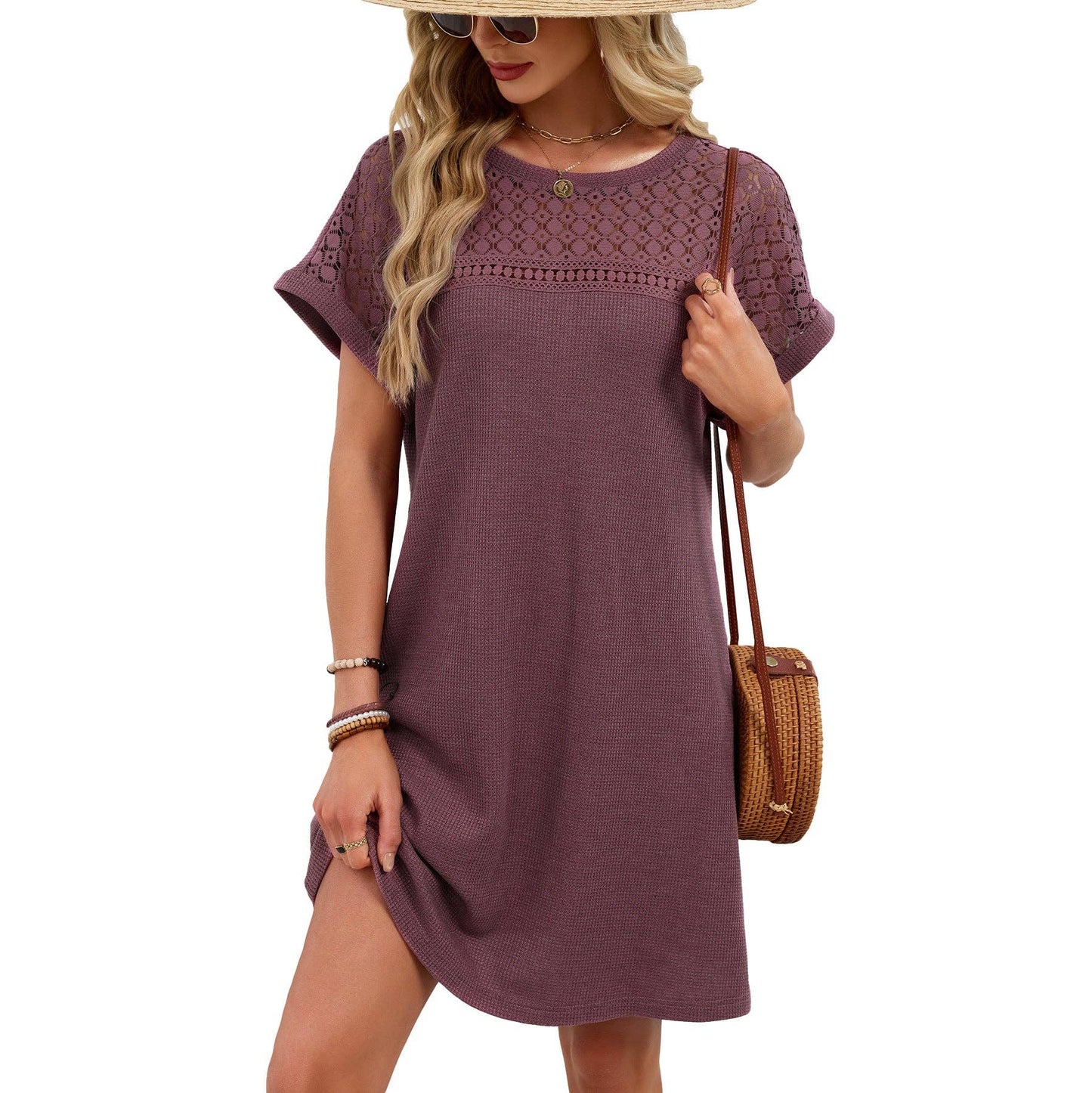 Lace Patchwork Casual Short Sleeve Loose Summer Dress: Blue Gray / 65%Rayon 30%Polyester 5%Spandex