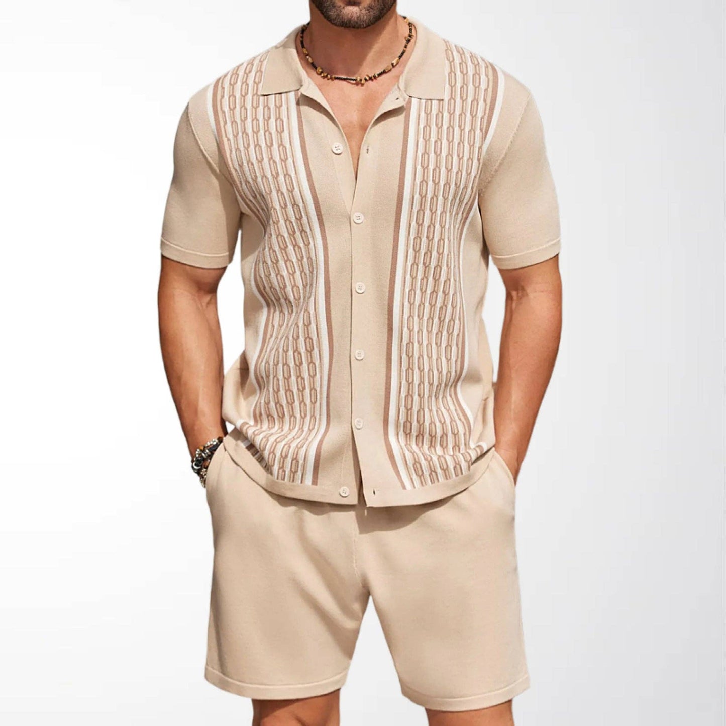 Men's Casual Knit Set Color Block Cardigan and Shorts