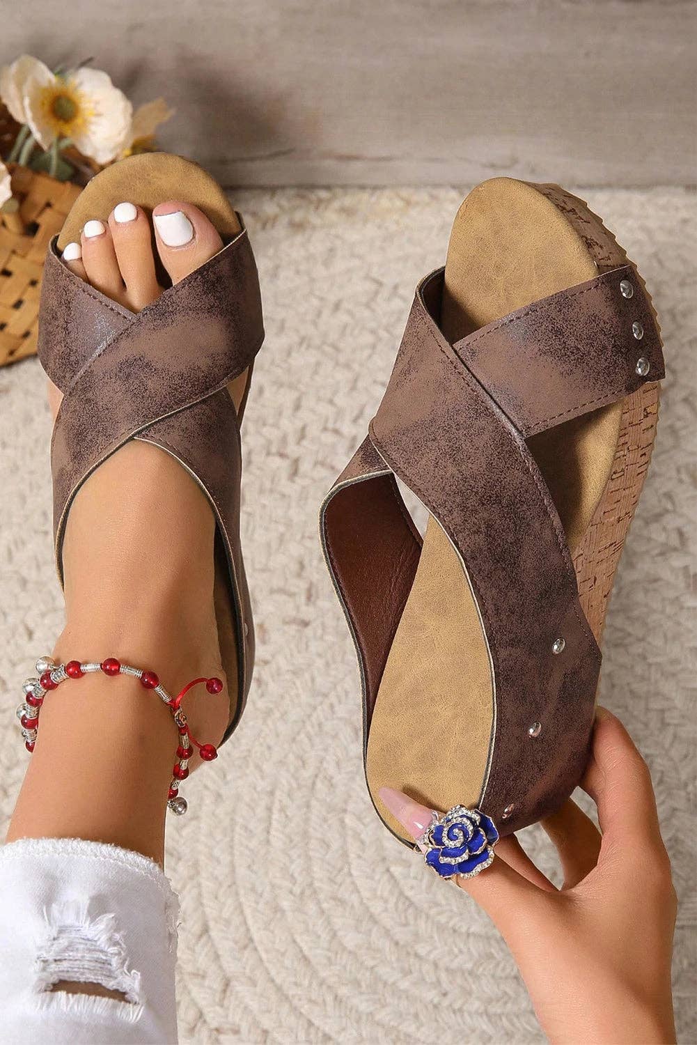 Criss Cross Cut Out PU Leather Wedge Slippers: Black / FabricA:100%Polyester+FabricB:100%TPR / 38