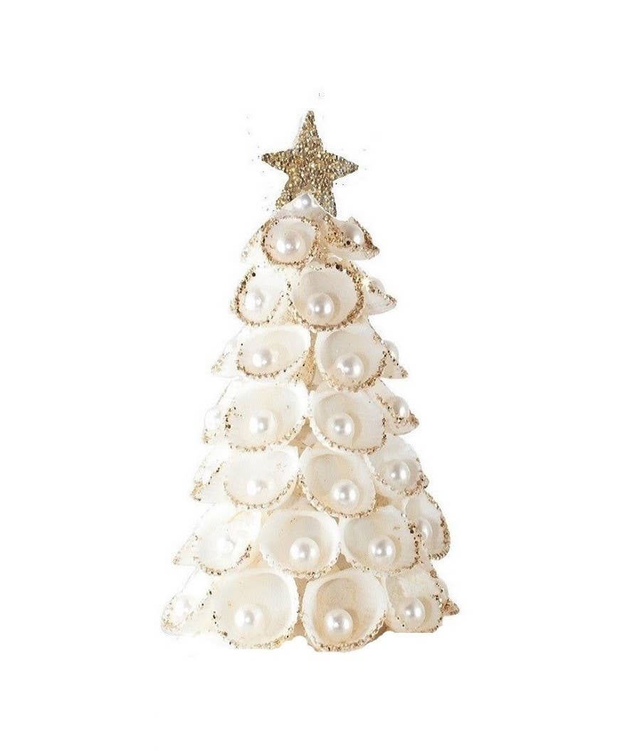 3.5" Clamrose Beaded Shell Tree Ornament (White/Gold)