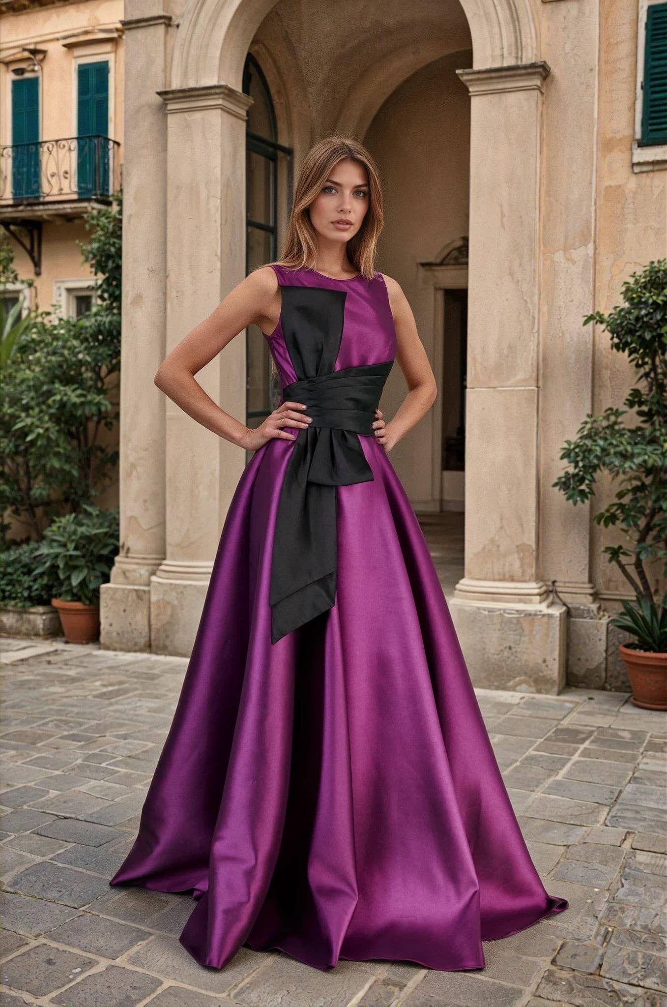 Long Formal Ball Gown with Statement Bow: Eggplant / 10