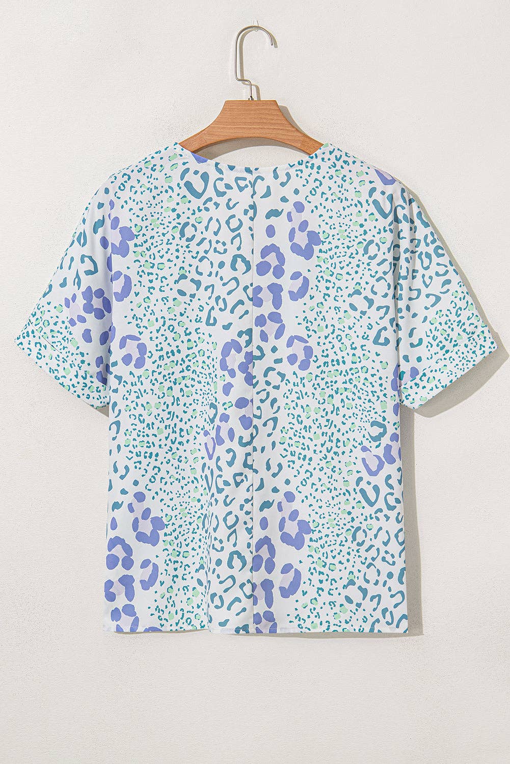 Sky Blue Mixed Leopard Print V Neck Short Sleeve Blouse: Sky Blue / 100%Polyester