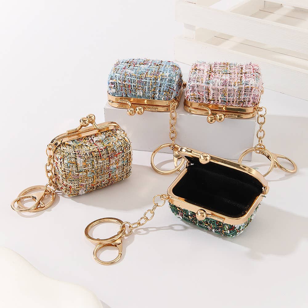 Tweed Kiss Lock Mini Coin Purse Keychain Bag Charm Accessory