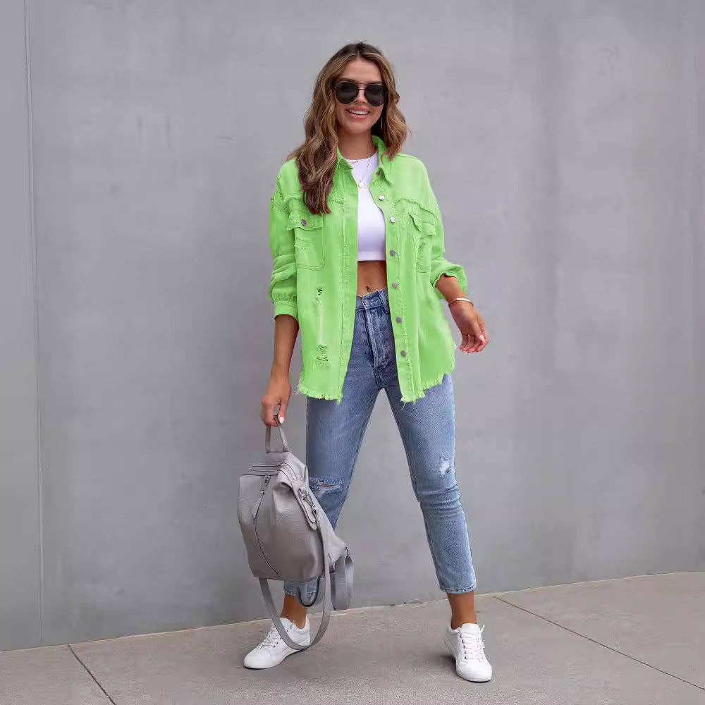 Trendy Casual Mid-Length Distressed Denim Jacket for Women