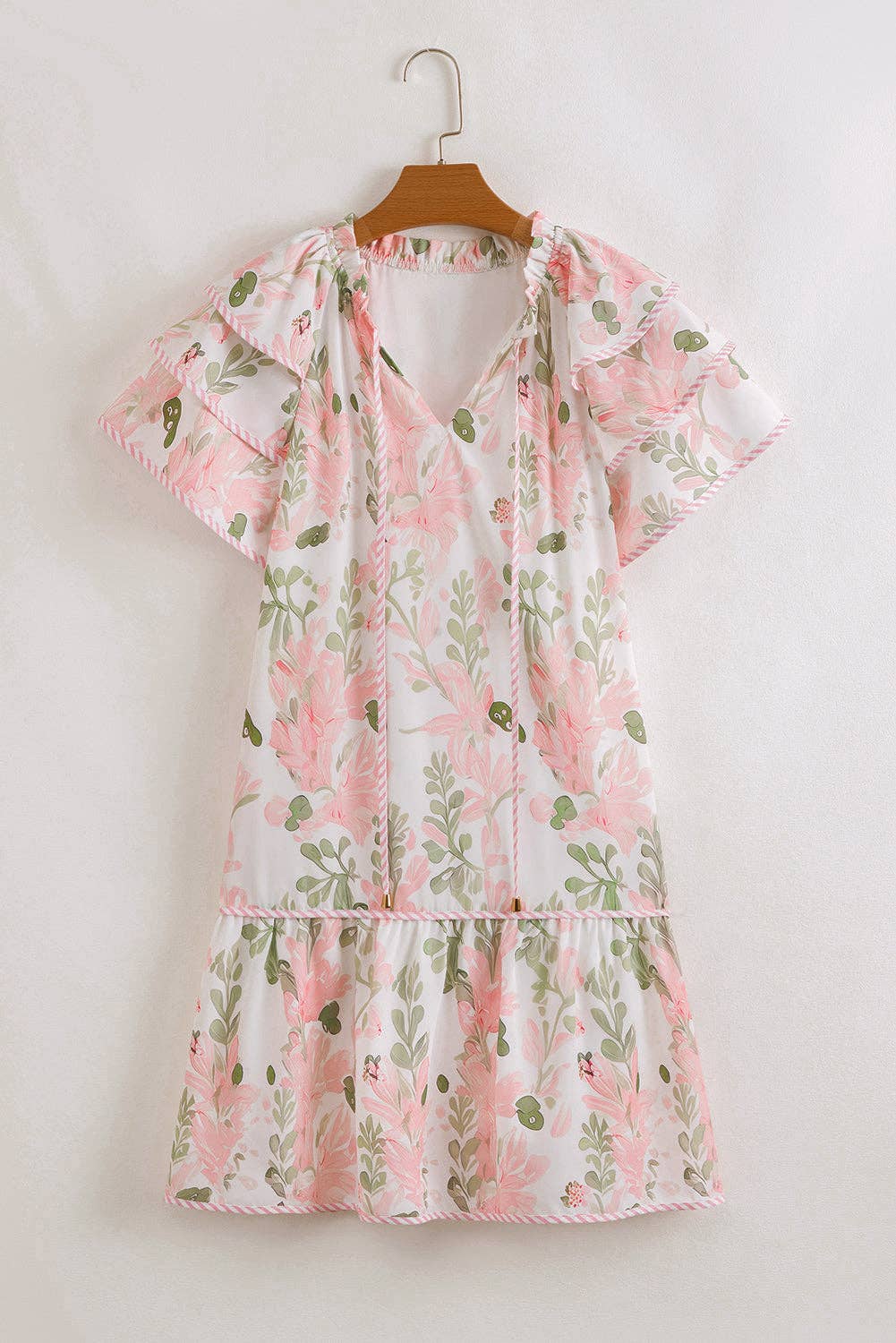 Pink Floral Contrast Edge Layered Short Sleeve Mini Dress: Pink / 100%Polyester