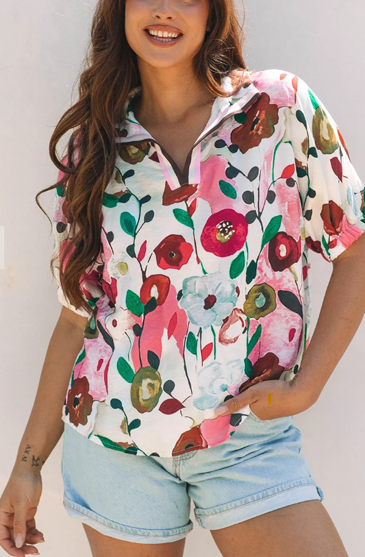Floral Print Slit V Neck Short Sleeve Blouse / 81%Viscose+19%Polyamide