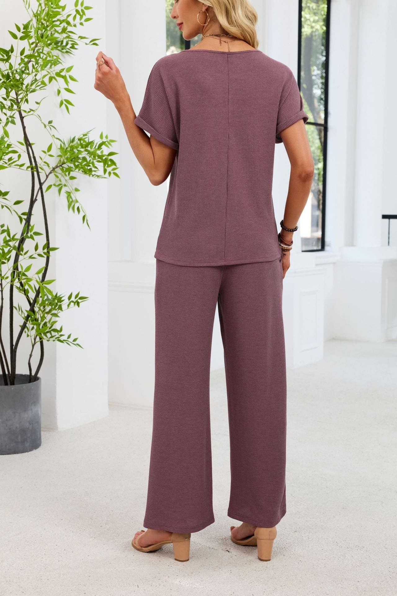 Lace Detail Short Sleeve Top and Wide Leg Pants Set