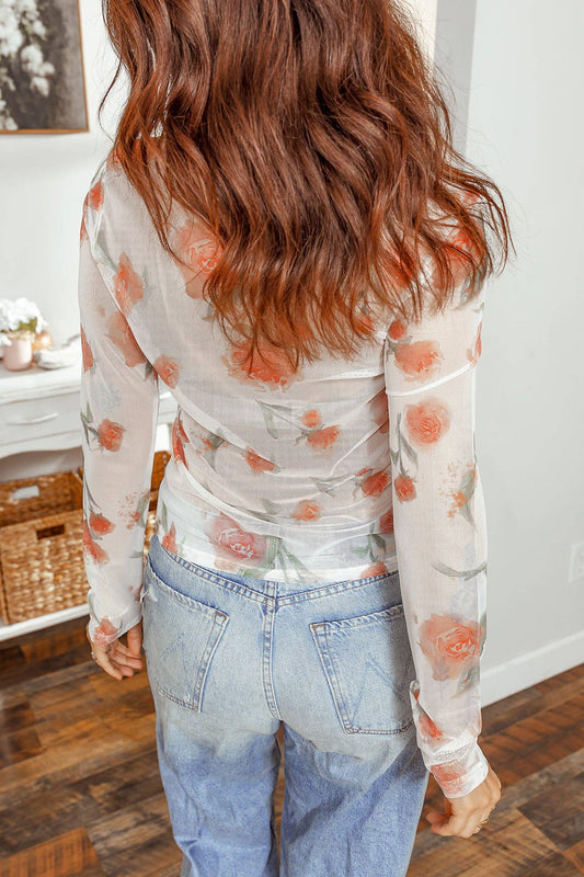 Casual Round Neck Floral Print Mesh Long Sleeve Top: Red / 95%Polyester+5%Elastane