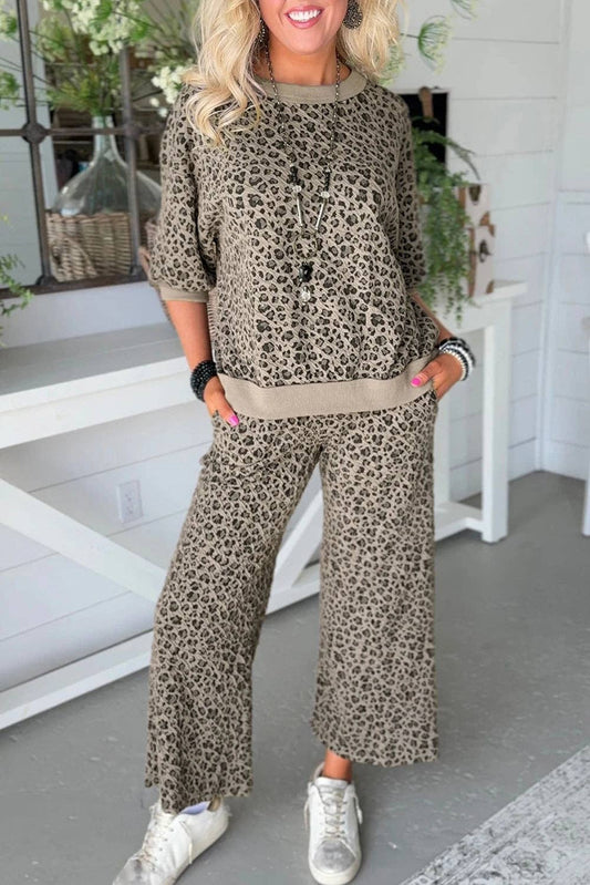 Khaki Jacquard Leopard Half Sleeve Jumper Wide Leg Pant Set: Khaki / 85%Polyester+10%Cotton+5%Elastane
