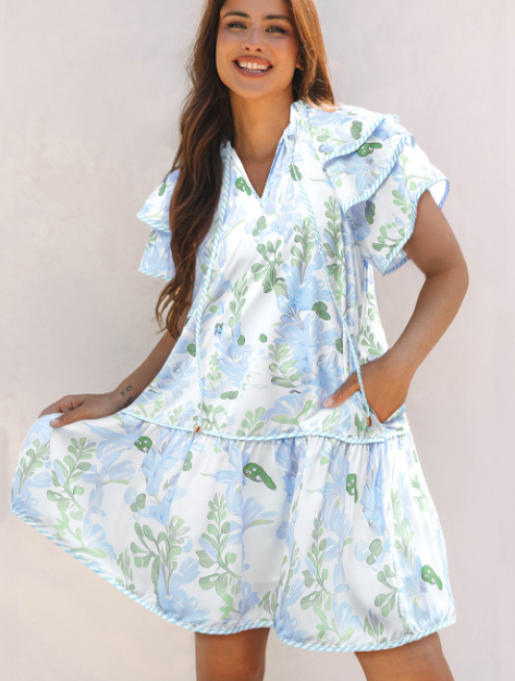 Pink Floral Contrast Edge Layered Short Sleeve Mini Dress: Pink / 100%Polyester