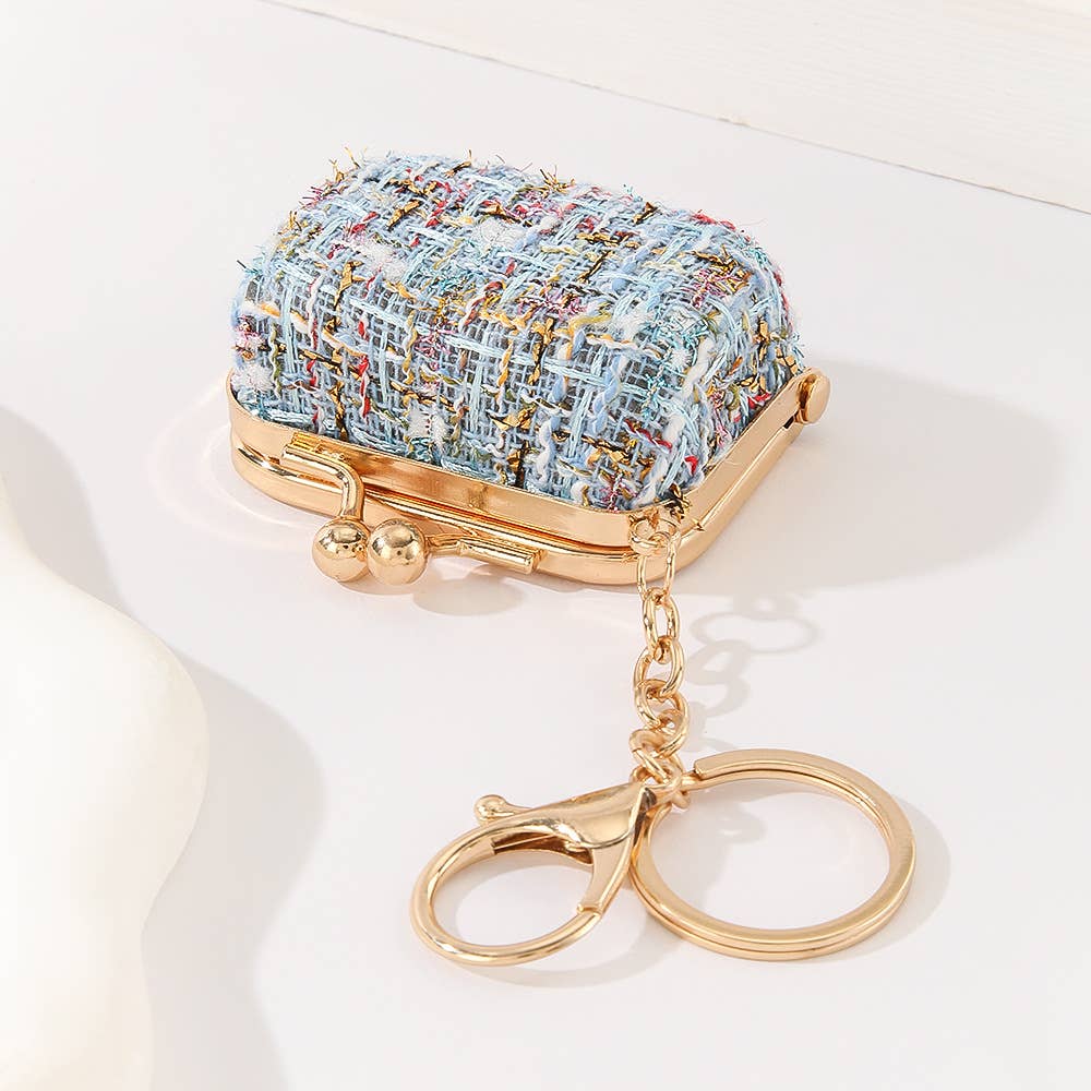 Tweed Kiss Lock Mini Coin Purse Keychain Bag Charm Accessory